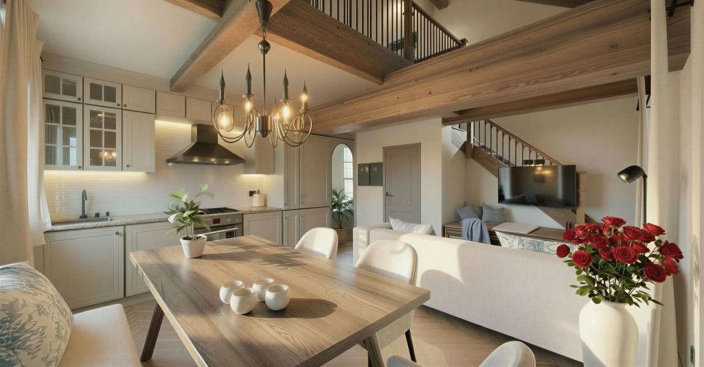 Modernes Wohnzimmer mit offener Küche, Holzbalken, Esstisch und Sofa unter gemütlichem Licht